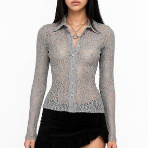 vintage y2k grey sheer lace long sleeve top